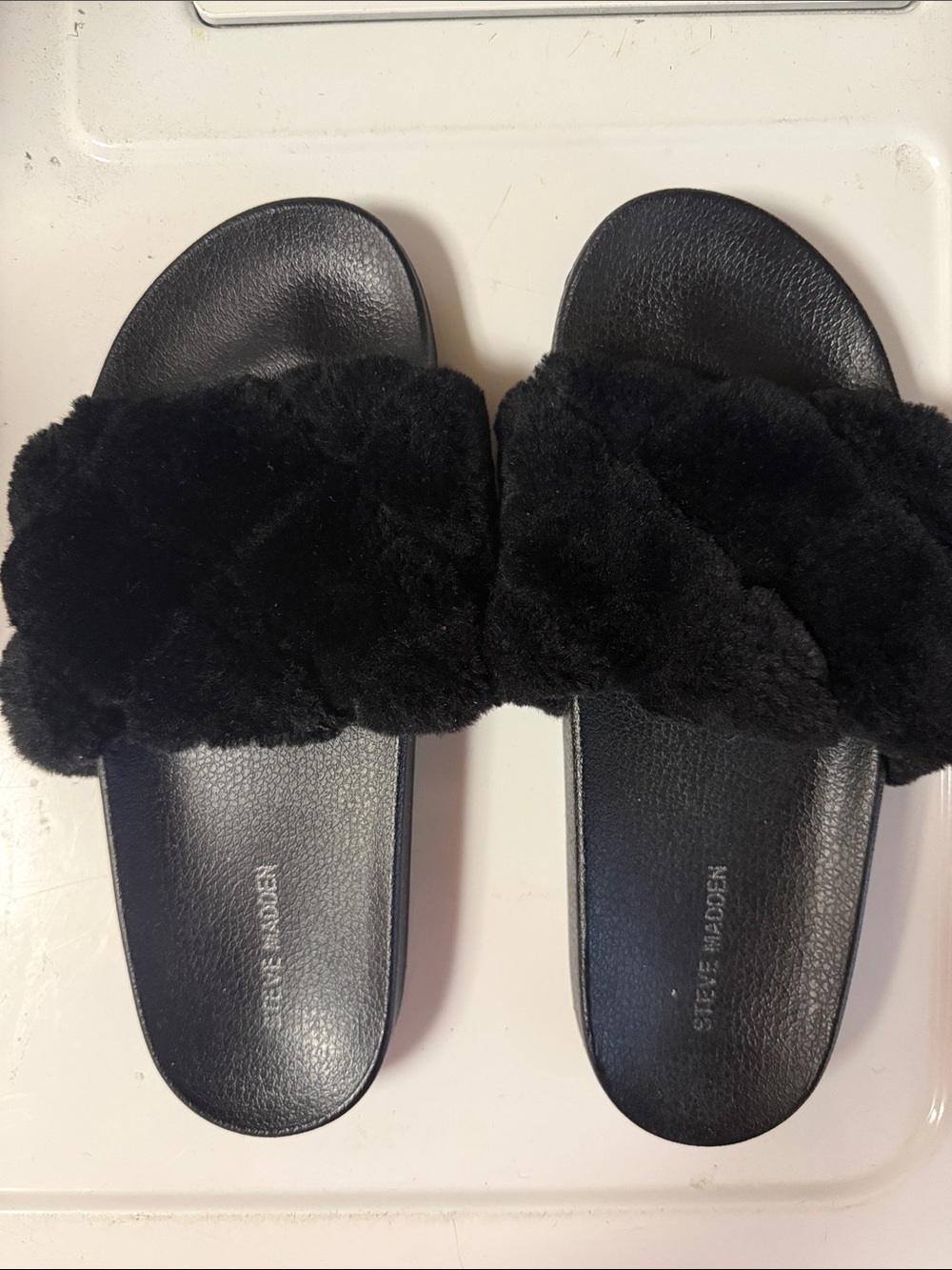 Steve Madden Black Faux Fur Braided Slide Sandals